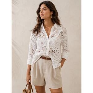 FARM Rio White Crochet Lace Button Front Top Cover Up Shirt Small Boho Resort